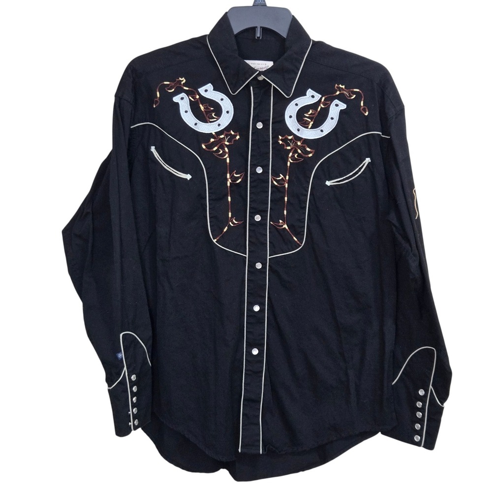 Rockmount Ranch Wear Western Shirt Mens L Black Horseshoe Embroidered Pearl Snap